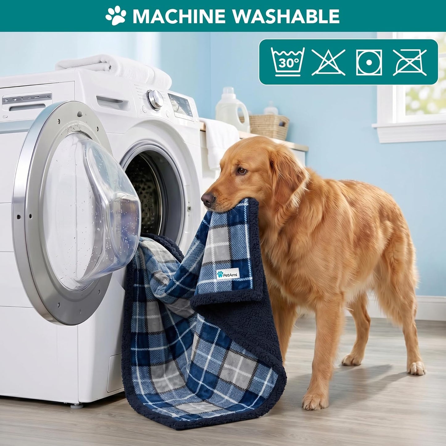 Dog Blanket for Medium Large Dogs and Pets, Soft Sherpa Fleece Pet Blanket for Cats Puppies, Reversible Plush Couch Cover Protector Sofa Bed Car Seat, Machine Washable, 80X60, Plaid Navy Blue
