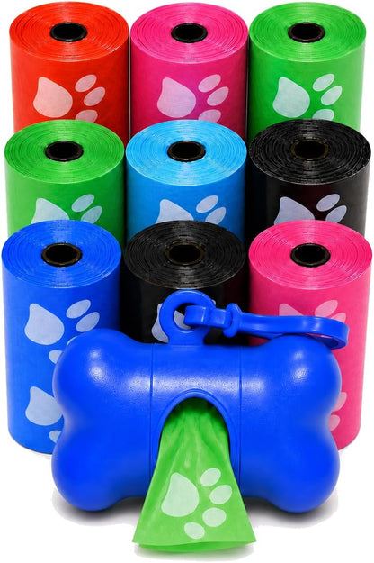 Poop Bags for Dogs with Dispenser, 180 Count - Leak-Proof Dog Waste Bags and Bone-Shaped Dog Poop Bags Holder for Leash - Rainbow with Paw Prints, 12.5" X 8.5"