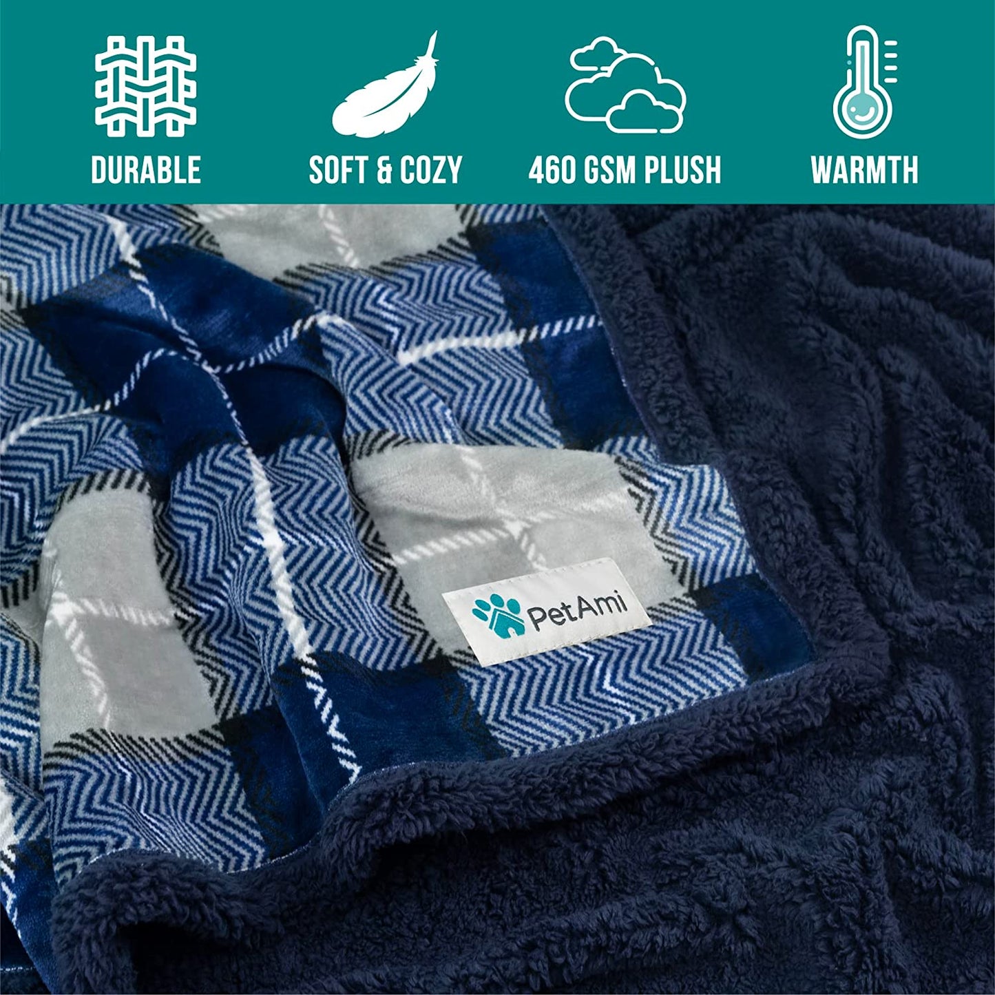Dog Blanket for Medium Large Dogs and Pets, Soft Sherpa Fleece Pet Blanket for Cats Puppies, Reversible Plush Couch Cover Protector Sofa Bed Car Seat, Machine Washable, 80X60, Plaid Navy Blue